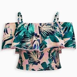 Torrid‎ Shirt NEW Plus 2 2X 18 20 Palm Tropical Smocked Cold Shoulder Top Blouse